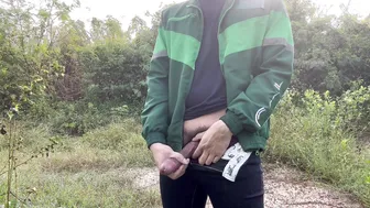 Thai twink jerks his hard cock and pisses outdoors