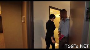 Tranny engulfs dick and sits down on it with her asshole