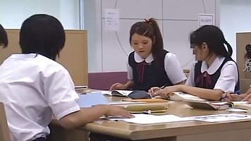 Japanese babes are fucking in the library instead of studying hard for the upcoming exams