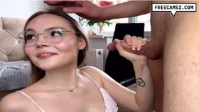 Nerdy Babe Fills Her Mouth and Pussy with Huge Cock