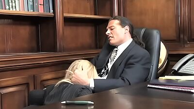 Big boobs blonde Aline in stocking seduces boss for quickie sex on desk