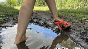 Struggling on Orange Sandals High Heels Walking through the Mud after the Rain - Stuck in the Mud Shoe, Dirty Soles Feet, Foot Fetish, Mud & Quicksand Sinking, Rough Calluses, French Pedicure Toenails