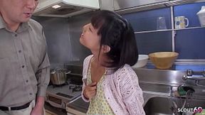 Petite Japanese stepdaughter enjoys first time blowjob and sperm tasting from older man in uncensored JAV