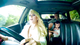 Jimena Lago gives him a sneaky blowjob as his stepmom Angel Wicky driving them