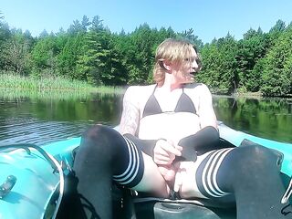 strawberry golden-haired alternative femboy in ebony bikini & haunch socks, nature kyak session - solo cum in cove