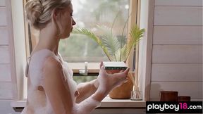 Petite Belarusian teen blondie Lilly A reveals her bubble covered pussy