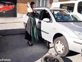 DIRNDL BITCH GETS INDECENT AND OILY CHANGING TIRES