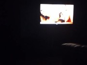 Sexy guy jacking off in front of a bunch of men in open adult theater while watching tranny porn 3