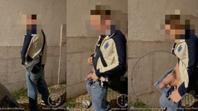 Amateur boy caught taking his lovely fat cut cock out of his jeans and pissing in the street copy