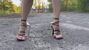 Chloe in Shackles, Walking and Running in High-Heeled Sandals (custom video) part 1