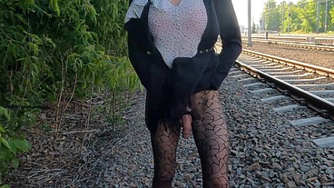 TEEN TRANS OLIVIA TRAIN RAILWAYS FLASH ROUND ASS AND DICK