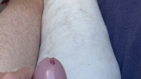 Big orgasm in chastity cage and leg cast