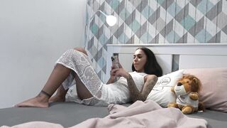 Super Hot Sexy Brunette Babe in a White Night Dress No Panties teases a Big Cock Guy by her Hands