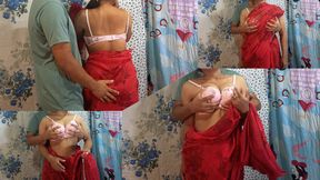Desi Indian Newly Married Bhabhi Wearing Red Saree and Fucking in Doggy Style by Pulling Her Long Hair