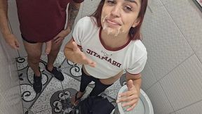 Horny latina girl and her boyfriend have a quick fuck in cafe WC