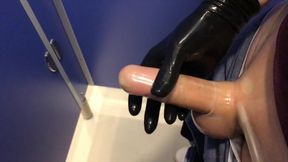 Quick wank at the shopping mall toilet with rubber gloves