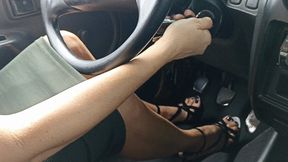 Katherine pedal pumping and driving with her new black sandals