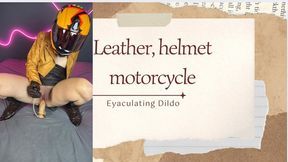 leather, helmet motorcycle and dildo eyaculating