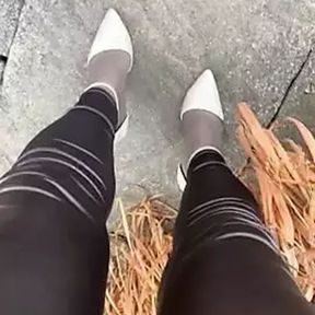 Walking in heels and latex leggings