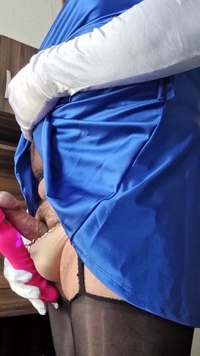 Handsfree Masturbation Until I Ejaculate My Sissy Milk in My Blue Satin Dress and Nylon Lingerie