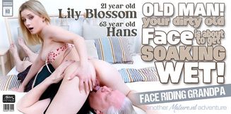 Dirty old grandpa gets his face soaking wet by the hot 21 year old face sitting babe Lily Blossom
