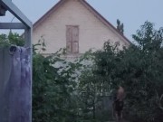 A peach has ripened in the garden.