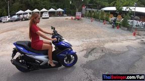 Thai girlfriend rides motorbike then gets hardcore fucked at home