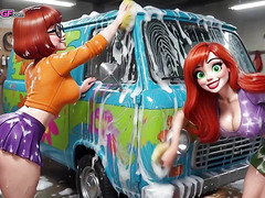 Velma and Daphne Enjoy a Sensual Soapy Nude Car Wash Cleaning the Classic Mystery Machine(AI PORN)
