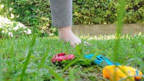 Giantess With Big Sweaty Feet Crushes Toy Cars And Smashes Them All