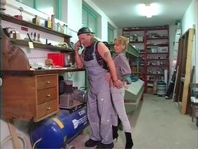 Horny Fuck Pig in Red Lingerie Fucks a Craftsman in the Workshop