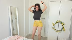 Braless Dancing in Yellow Shorts