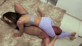 One hundred kilograms guy fights a fifty kilograms girl in a mixed wrestling fight - spoiler: he was tired like a fat jelly and couldn’t stand all