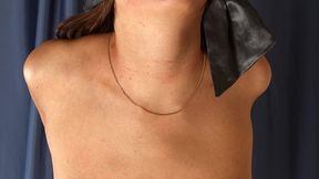 Cleavegagged topless barefoot Gloria in only black panties, bound to the wooden post, is being played with her friend (HD MOV)