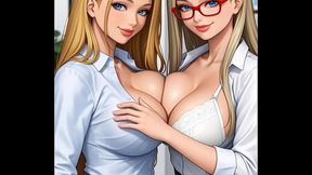 Office blonde women kiss, dance, grab breast (Ai animation)