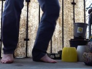 Desperate pee in jeans on the balcony