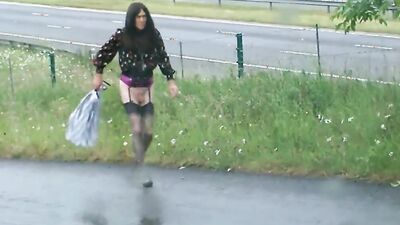 Amateur femboy is flashing his pecker while walking in public