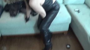 Biker Slut Salem in Full Black Leather Gives Her Cameraman a Smoky Blowjob