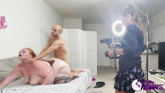 Redhead BBW Julie Ginger sucks and rides Dan Ferrari behind the scenes