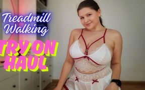 Treadmill Lingerie Tease - Walking in Cute Home Outfits with Bounce & Jiggling
