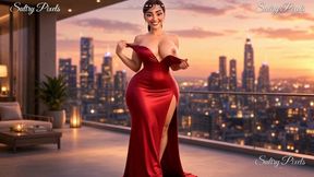 Elegant Brunette with a Hair Bun Strips on the Terrace - Dress to Lingerie