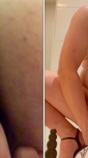 Naked sissy in high heels rides her dildos   Clip 3