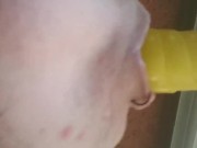 Goth with piercings gives up close blowjob