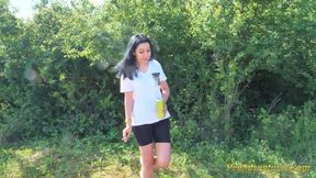 Sexy Brunette Trying Hard to Empty Her Bladder Outside, Then Quick Pee Next to a House in Construction