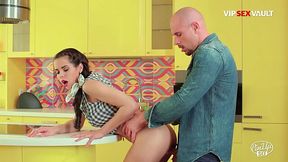 Hot brunette gets lovers cock in tight pussy on kitchen table
