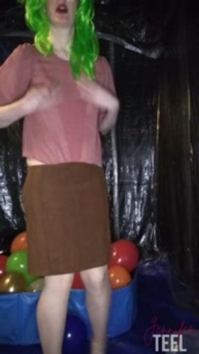 Naughty Jennifer gives herself a wedgie at the Balloon Factory