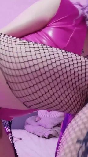 Pink Latex Femboy Takes Dildo Deep   Clip 1