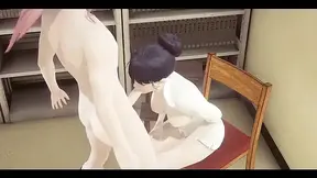 Shoko sucks and gets fucked on her knees in the library