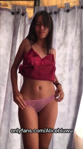 Cute Latina brunette in red pajamas