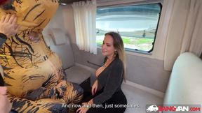 Busty RV Driver Takes a Real Dinosaur on Board for an Outdoor Adventure!