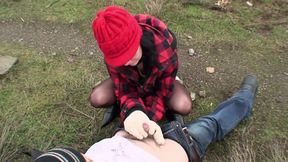 Brunette fucking with old dude next to a railway